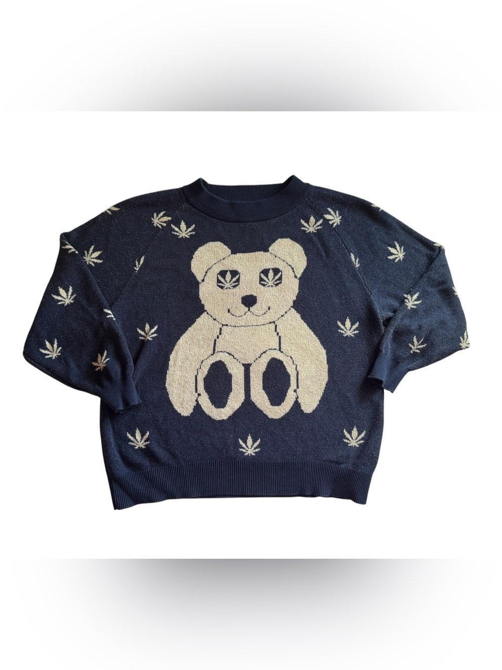 Urban Outfitters Navy Crewneck Sweater with Cream Bear Motif Teddy Weed Leaf